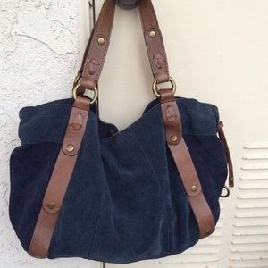 Lucky Brand Blue Suede Tan Hobo Shoulder Bag